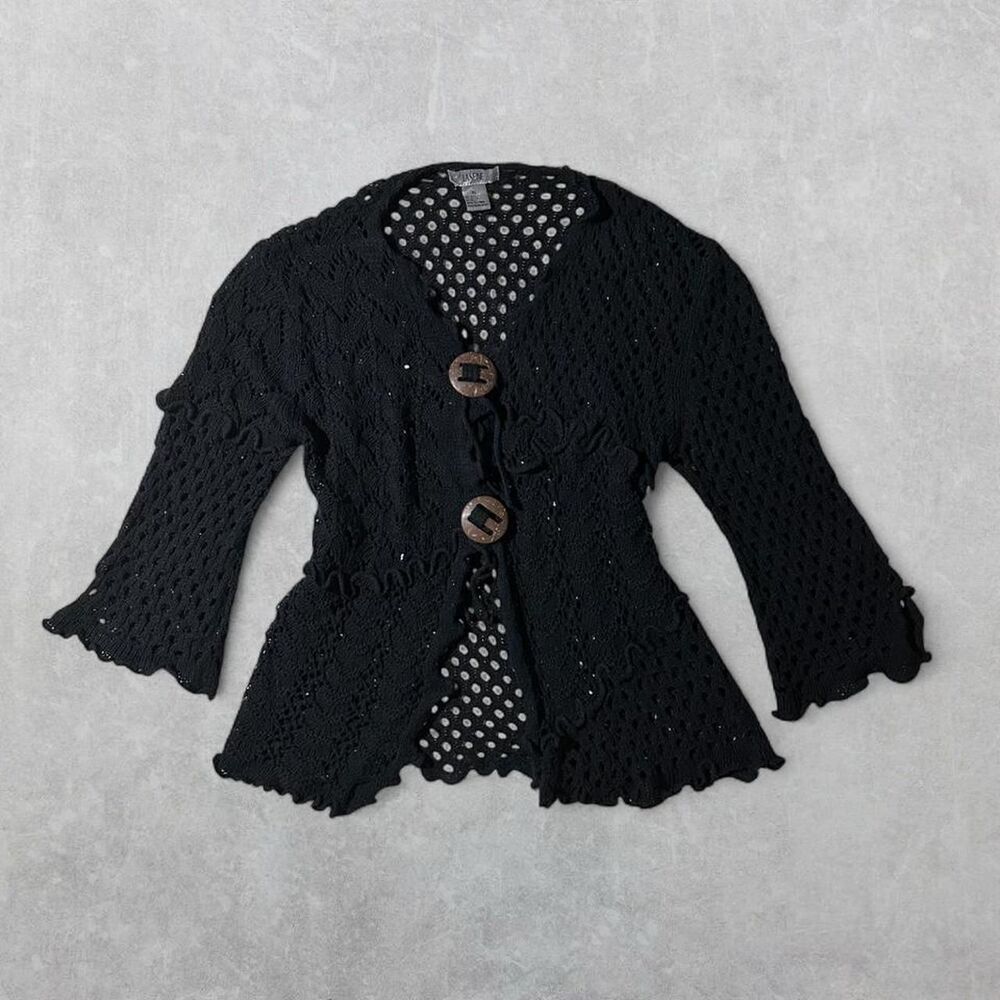 LaSeine Women's XL Black Crochet Cardigan with Wooden Buttons